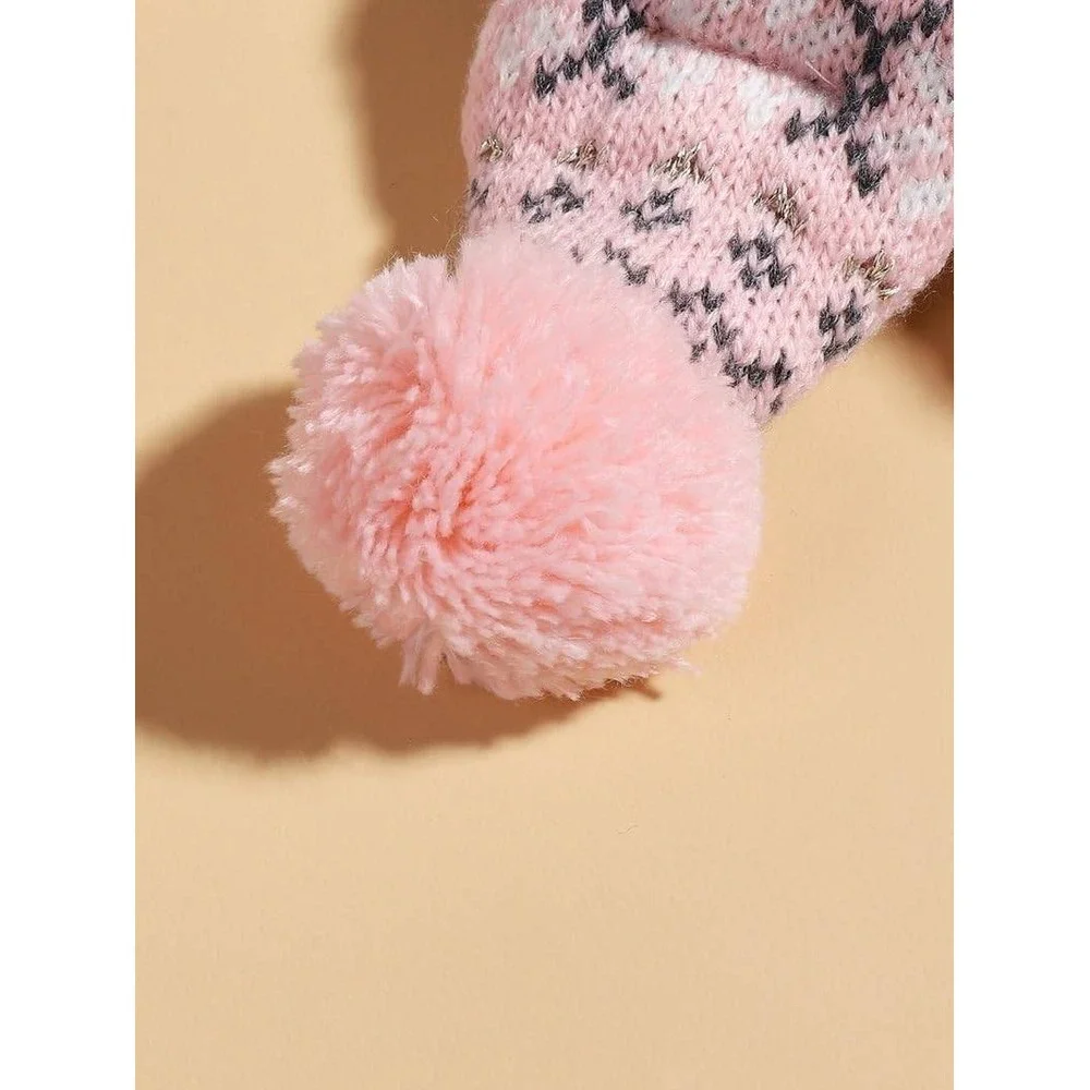 Pink Fair Isle Knit Dog Hat and Scarf Set with Pom Poms Small‎ Medium Pet Winter
